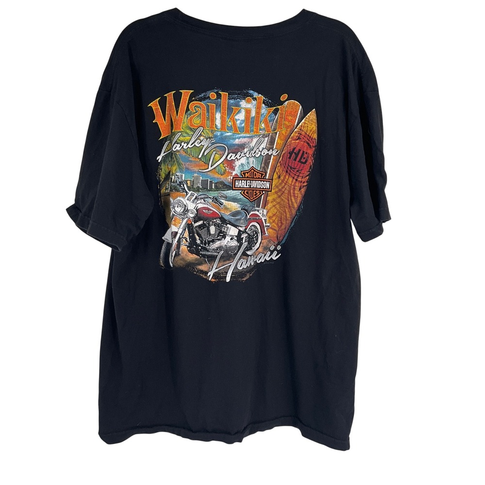 Harley Davidson Mens Sz 2XL Black Waikiki Hawaii Graphic T Shirt‎ Casual
